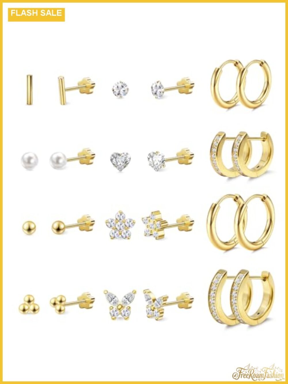 12 Pair Ear Stack Set, Stainless Steel Huggie Hoops & CZ Flat Back Studs